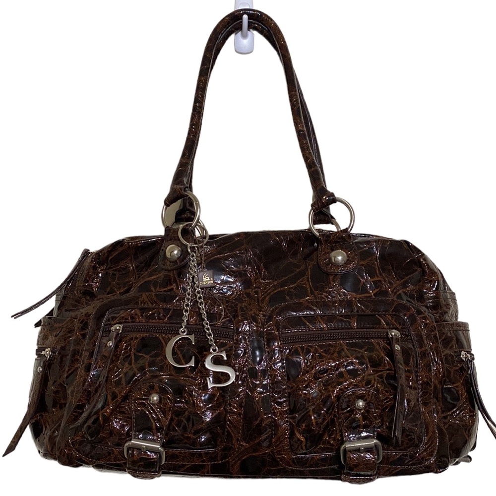 Chenson Brown Leather Patent Faux Croc Pattern Double Zipper Handbag